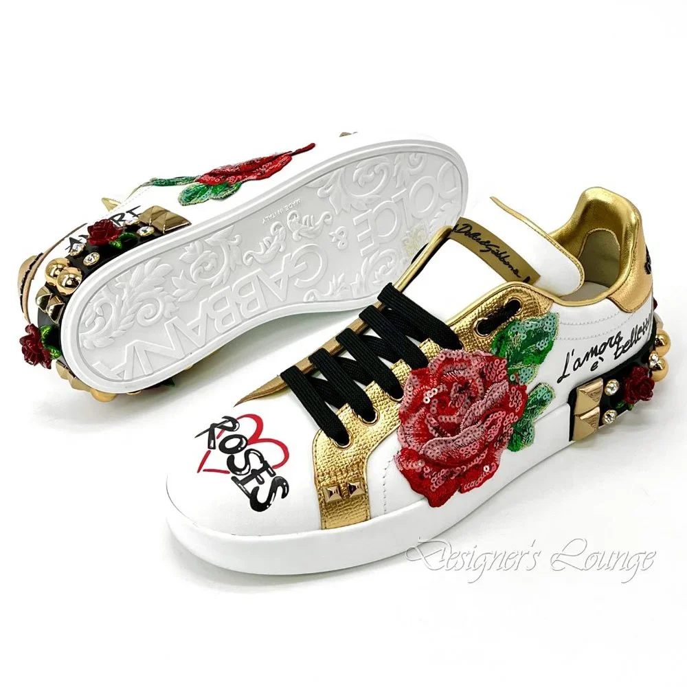 NEW DOLCE & GABBANA Roses Amore Crystal Sequin Portofino Sneakers $1,650 - Picture 7 of 13